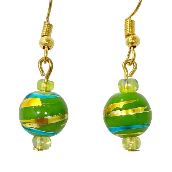 Murano Style Art Glass Bead Earrings Lime Green Blue Gold Plated Christmas Ball - Picture 2 of 7